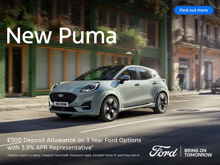 New Puma with £500 Deposit Allowance on 3 Year Ford Options with 3.9% APR Representative*.