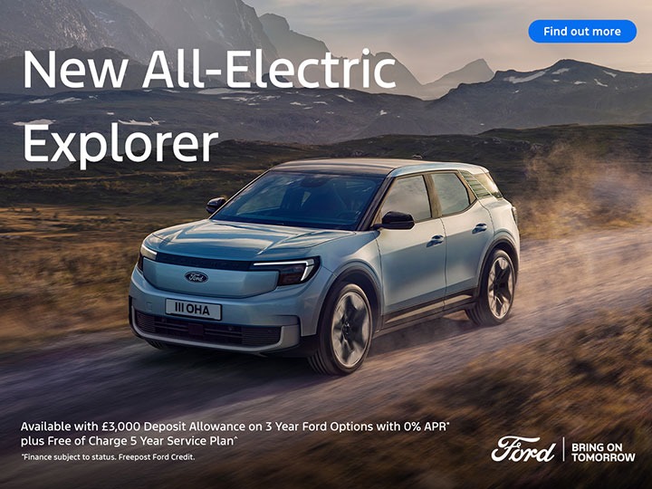 New All-Electric Explorer is available with 0% APR on 3 Year Ford Options.